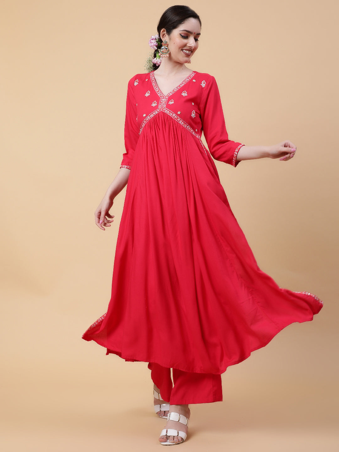 Rayon  Calf Length Solid Flared 3/4 Sleeves V-Neck Kurta Bottom Set
