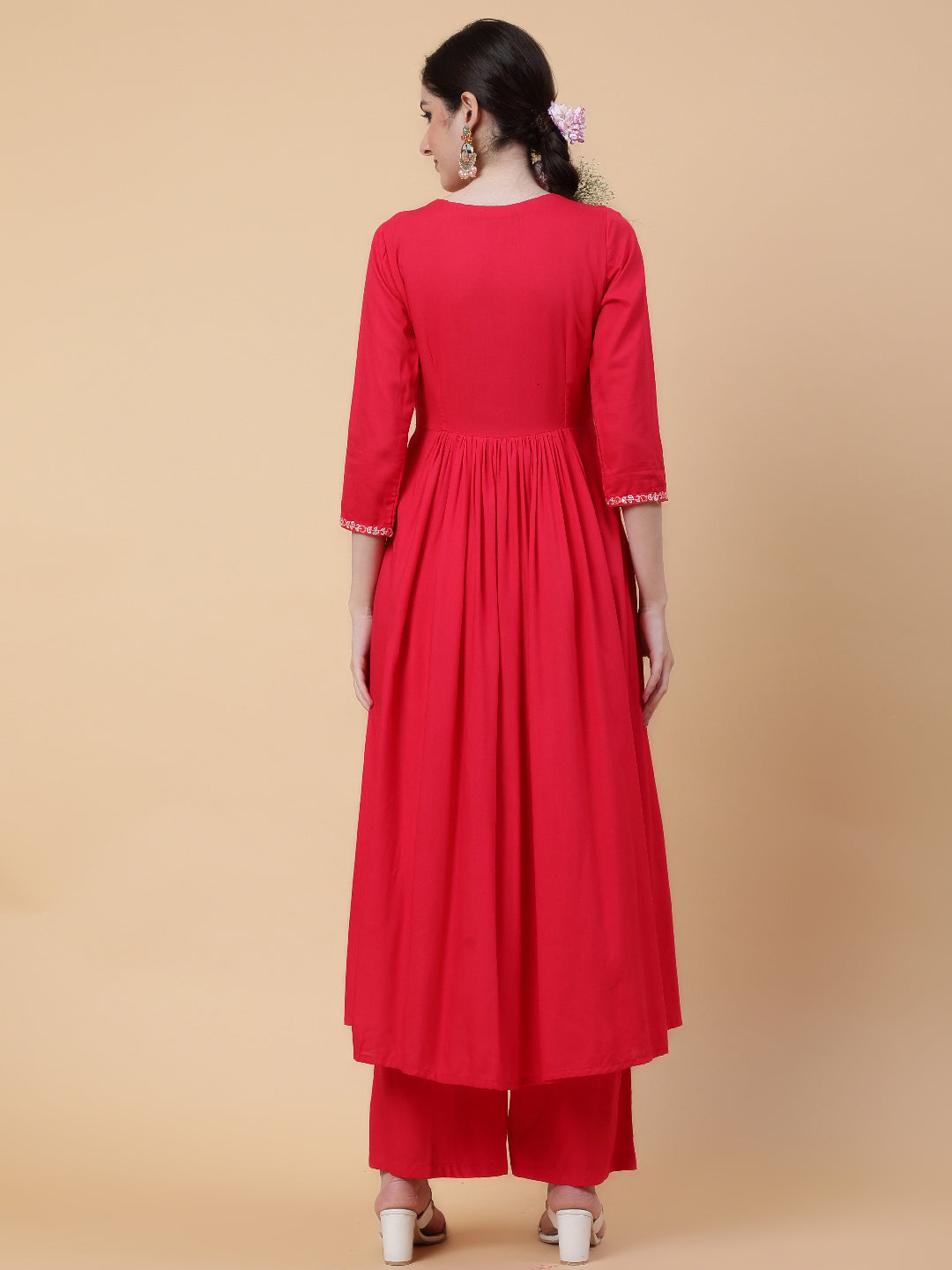 Rayon  Calf Length Solid Flared 3/4 Sleeves V-Neck Kurta Bottom Set