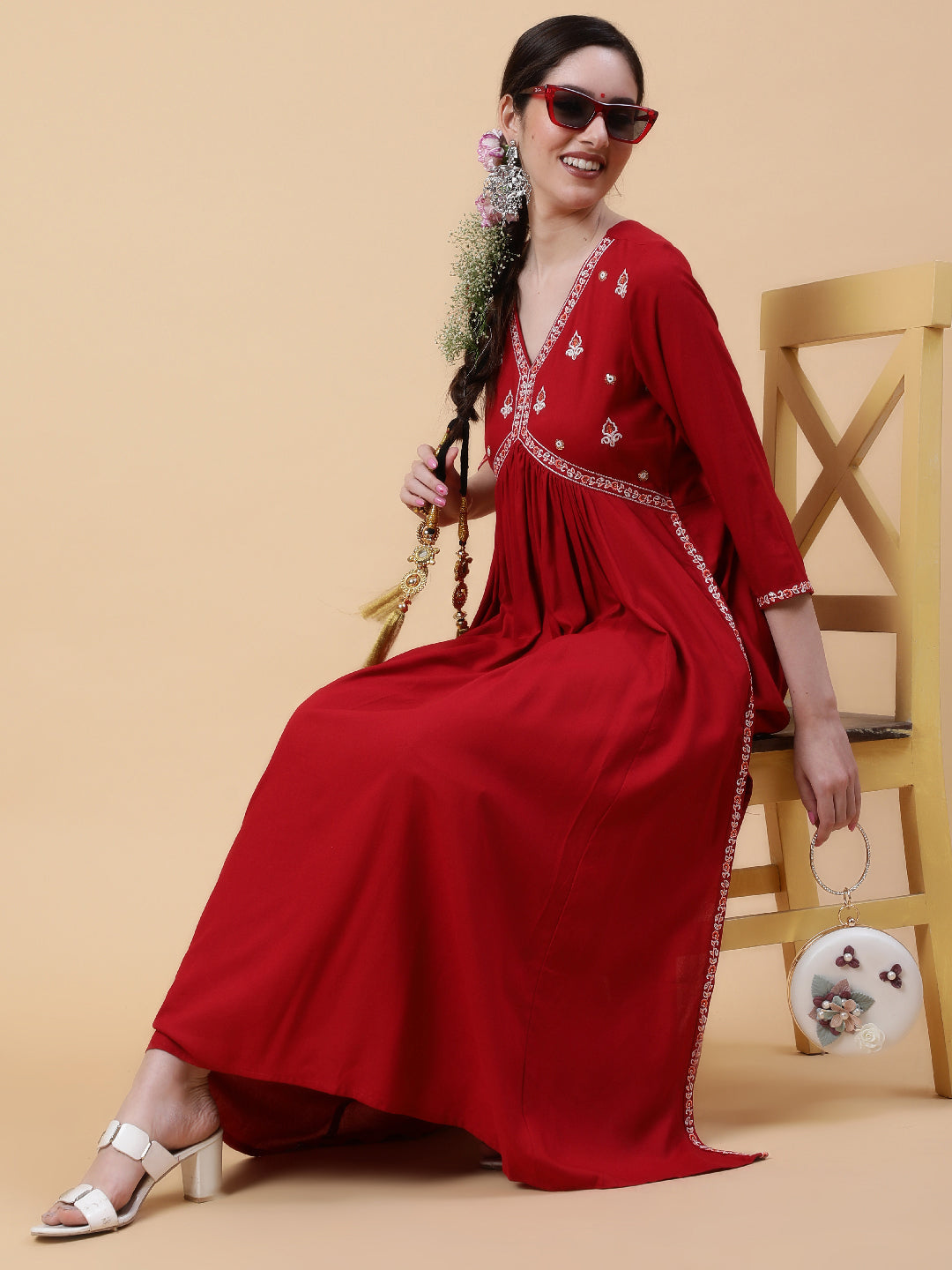 Rayon  Calf Length Solid Flared 3/4 Sleeves V-Neck Kurta Bottom Set