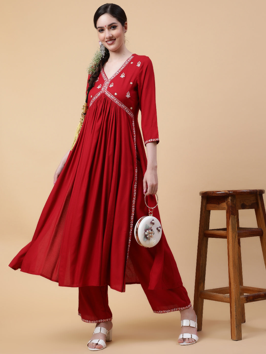Rayon  Calf Length Solid Flared 3/4 Sleeves V-Neck Kurta Bottom Set