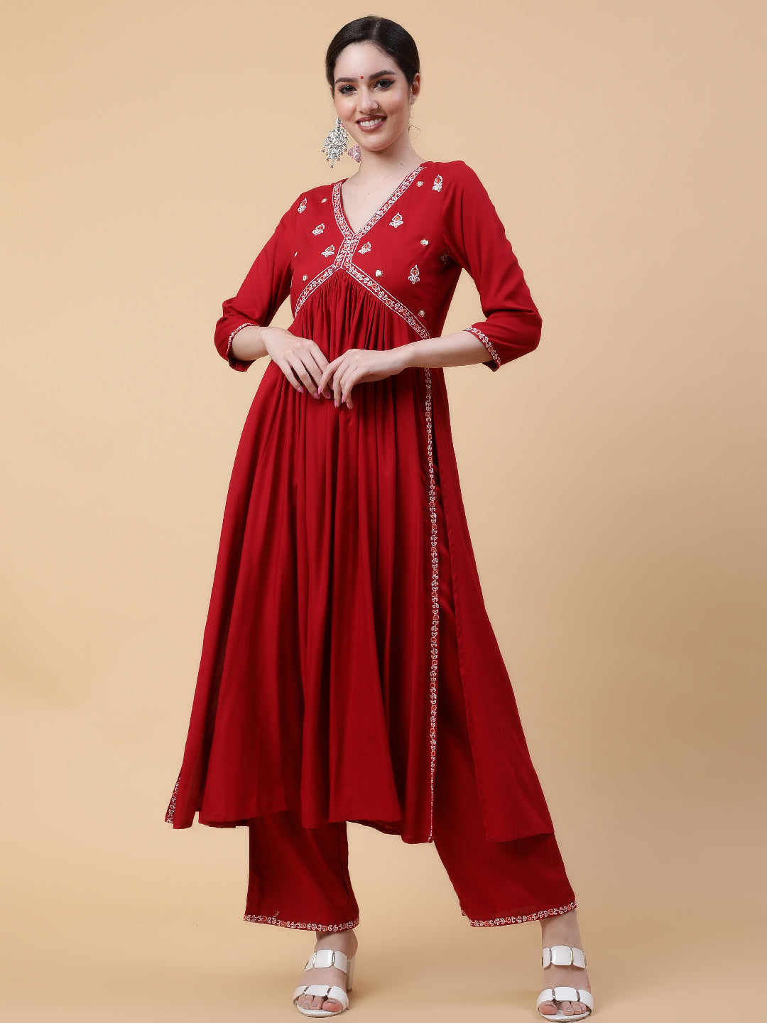 Rayon  Calf Length Solid Flared 3/4 Sleeves V-Neck Kurta Bottom Set