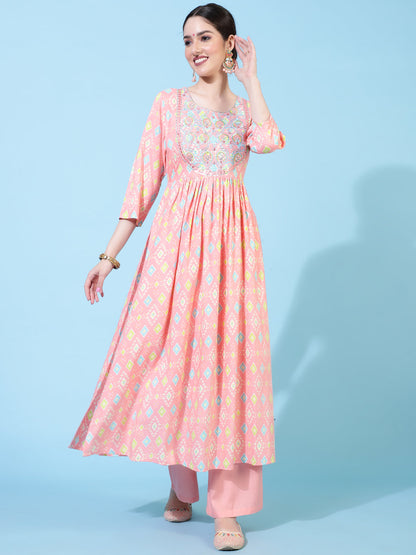 Rayon  Calf Length Printed Flared 3/4 Sleeves Round Neck Kurta Bottom Set