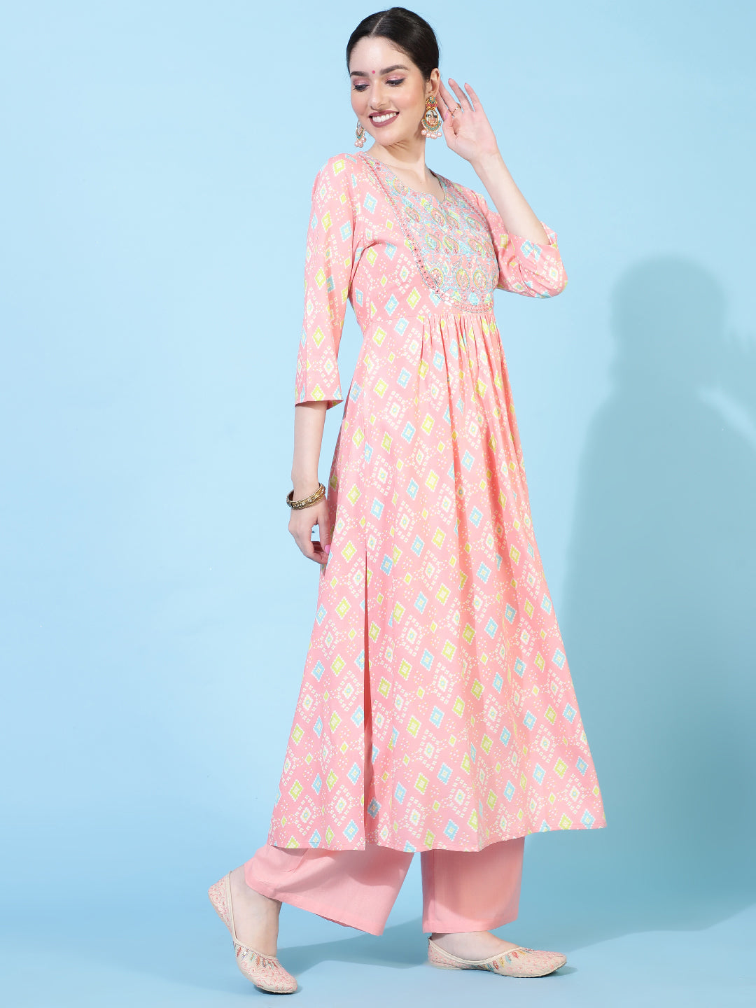 Rayon  Calf Length Printed Flared 3/4 Sleeves Round Neck Kurta Bottom Set