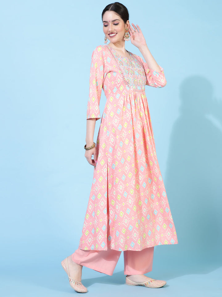 Rayon  Calf Length Printed Flared 3/4 Sleeves Round Neck Kurta Bottom Set