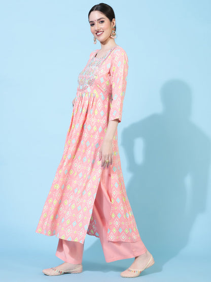 Rayon  Calf Length Printed Flared 3/4 Sleeves Round Neck Kurta Bottom Set