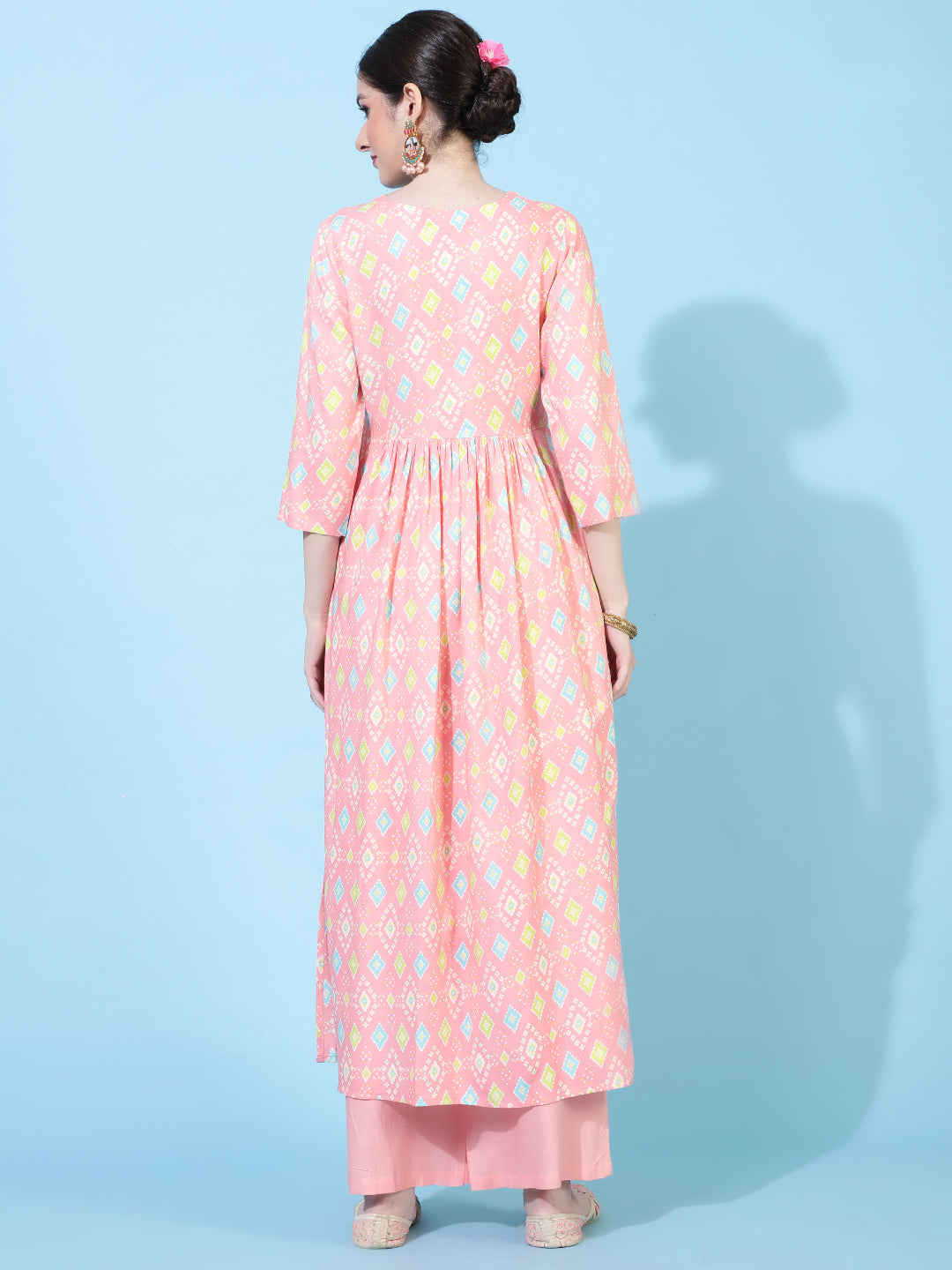 Rayon  Calf Length Printed Flared 3/4 Sleeves Round Neck Kurta Bottom Set