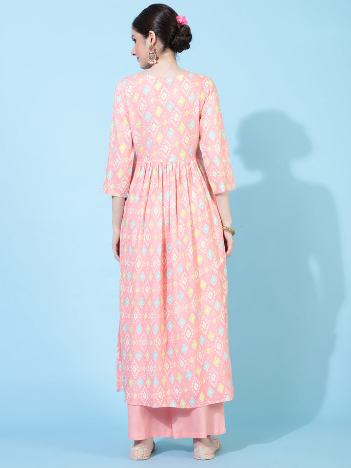Rayon  Calf Length Printed Flared 3/4 Sleeves Round Neck Kurta Bottom Set