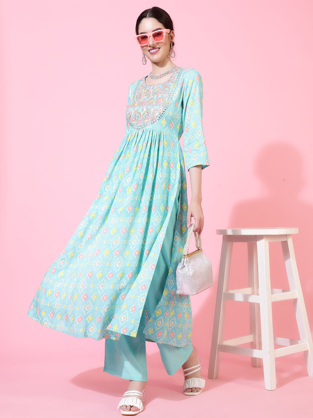Rayon  Calf Length Printed Flared 3/4 Sleeves Round Neck Kurta Bottom Set