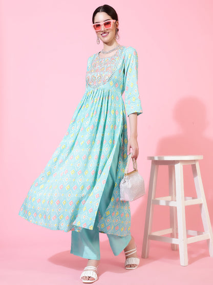 Rayon  Calf Length Printed Flared 3/4 Sleeves Round Neck Kurta Bottom Set