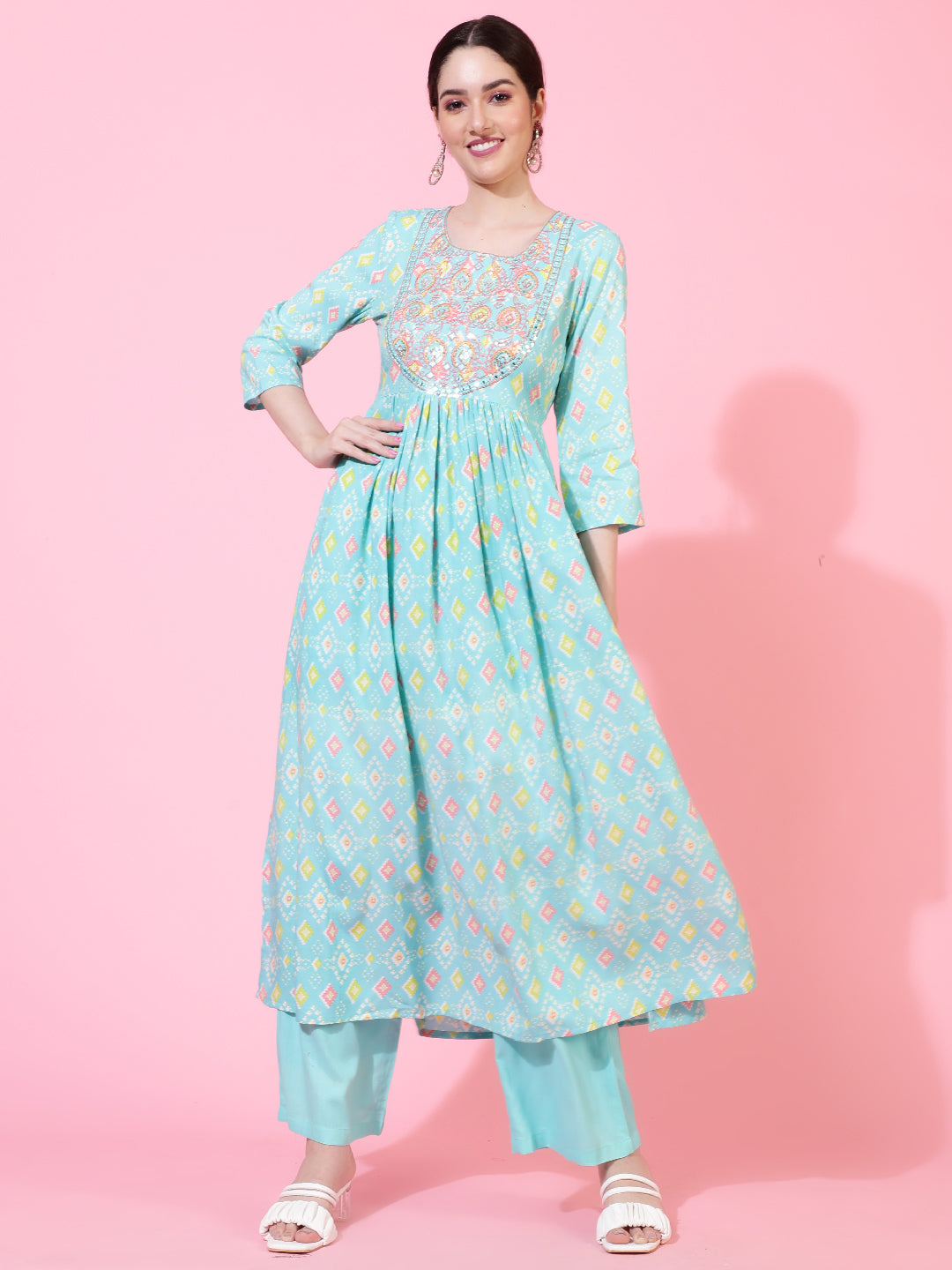 Rayon  Calf Length Printed Flared 3/4 Sleeves Round Neck Kurta Bottom Set