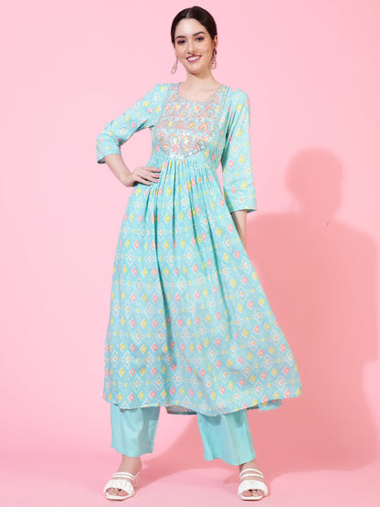 Rayon  Calf Length Printed Flared 3/4 Sleeves Round Neck Kurta Bottom Set