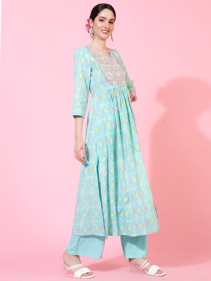 Rayon  Calf Length Printed Flared 3/4 Sleeves Round Neck Kurta Bottom Set
