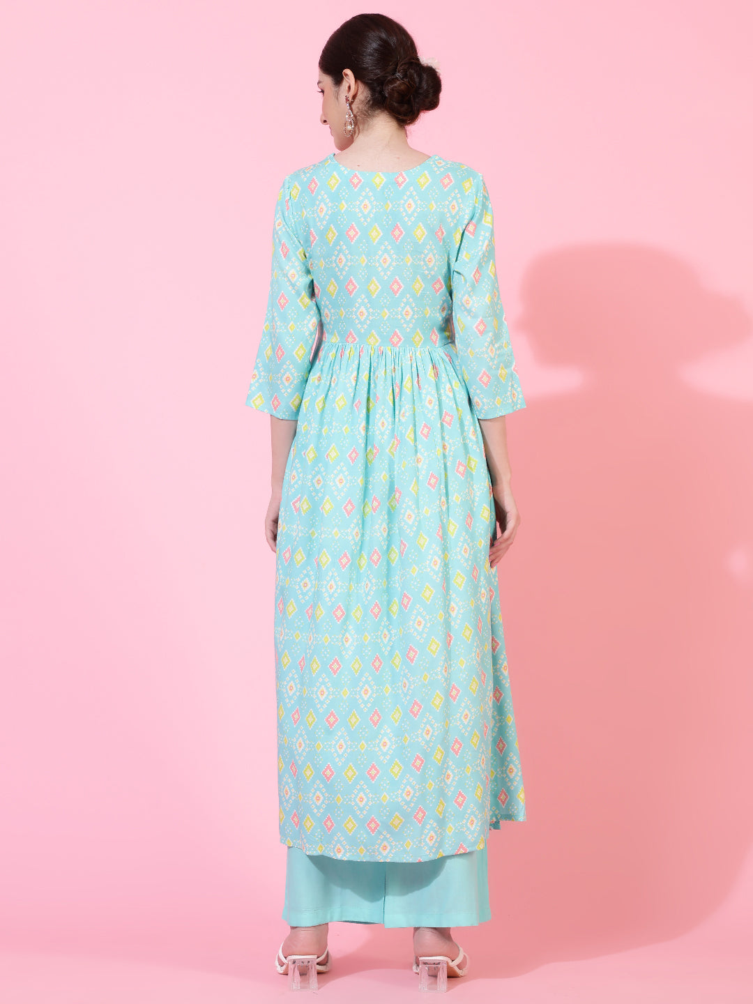 Rayon  Calf Length Printed Flared 3/4 Sleeves Round Neck Kurta Bottom Set