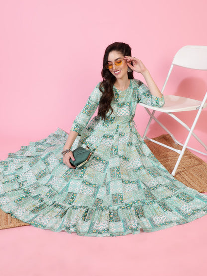 Cotton  Calf Length Printed Flared 3/4 Sleeves Round Neck Kurta Set