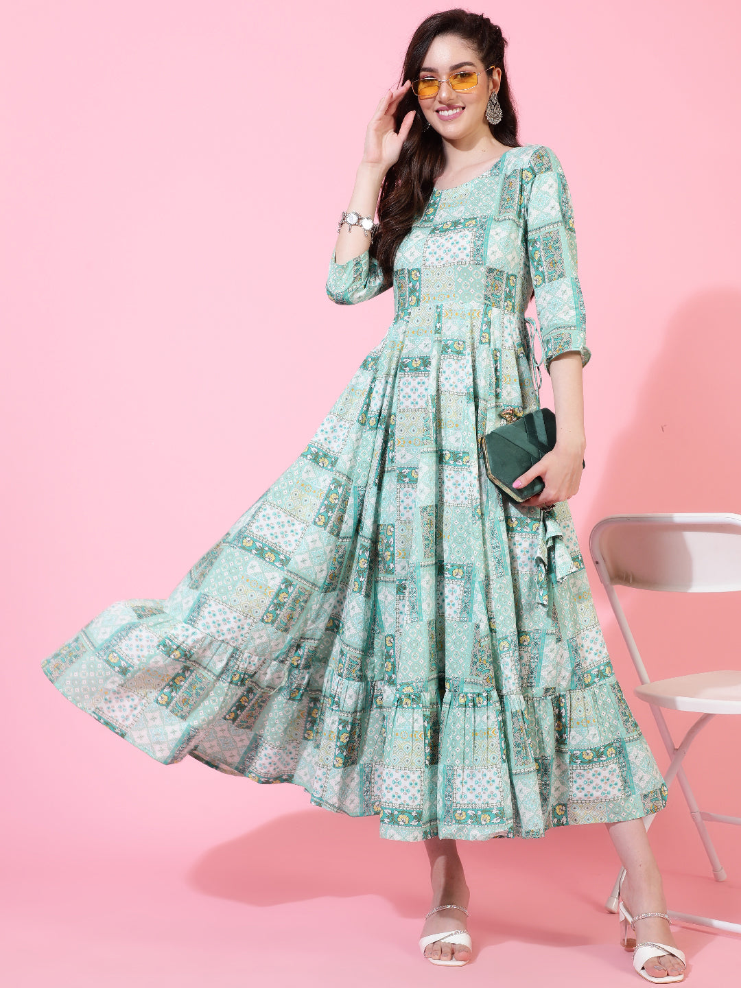 Cotton  Calf Length Printed Flared 3/4 Sleeves Round Neck Kurta Set