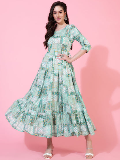 Cotton  Calf Length Printed Flared 3/4 Sleeves Round Neck Kurta Set