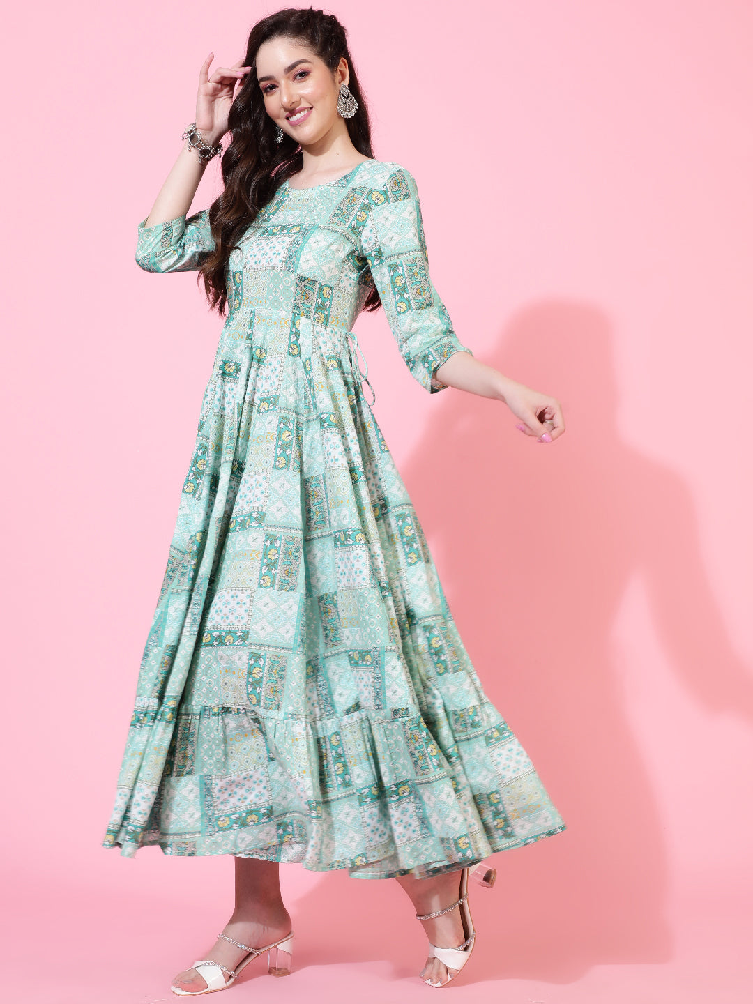 Cotton  Calf Length Printed Flared 3/4 Sleeves Round Neck Kurta Set