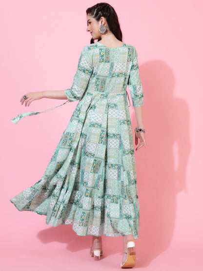 Cotton  Calf Length Printed Flared 3/4 Sleeves Round Neck Kurta Set