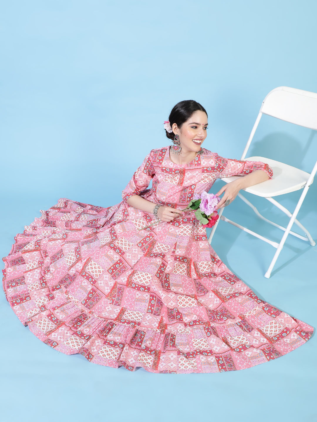 Cotton  Calf Length Printed Flared 3/4 Sleeves Round Neck Kurta Set