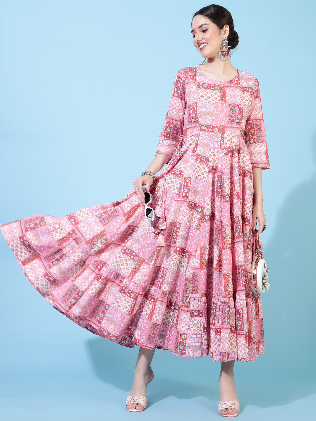 Cotton  Calf Length Printed Flared 3/4 Sleeves Round Neck Kurta Set