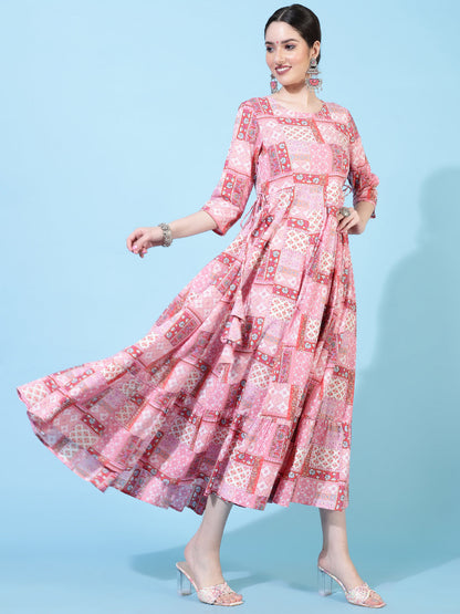 Cotton  Calf Length Printed Flared 3/4 Sleeves Round Neck Kurta Set