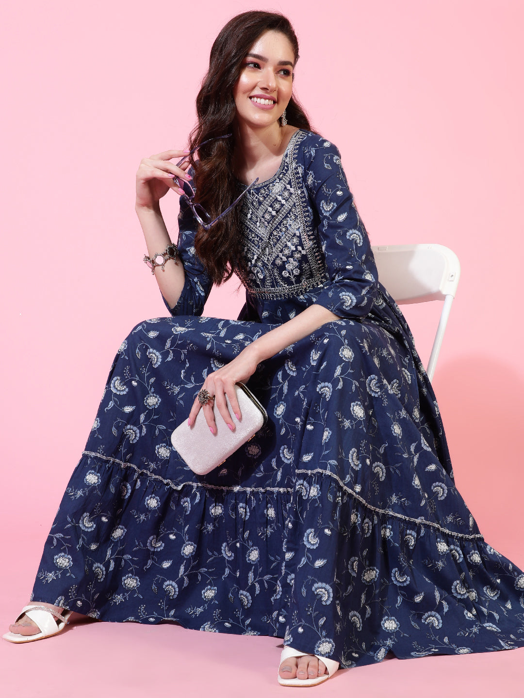 Cotton  Ankle Length Printed Flared 3/4 Sleeves Round Neck Kurta Set