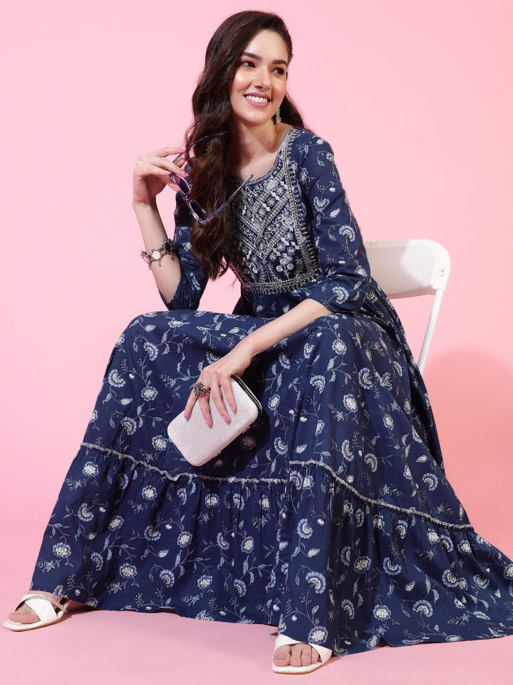 Cotton  Ankle Length Printed Flared 3/4 Sleeves Round Neck Kurta Set