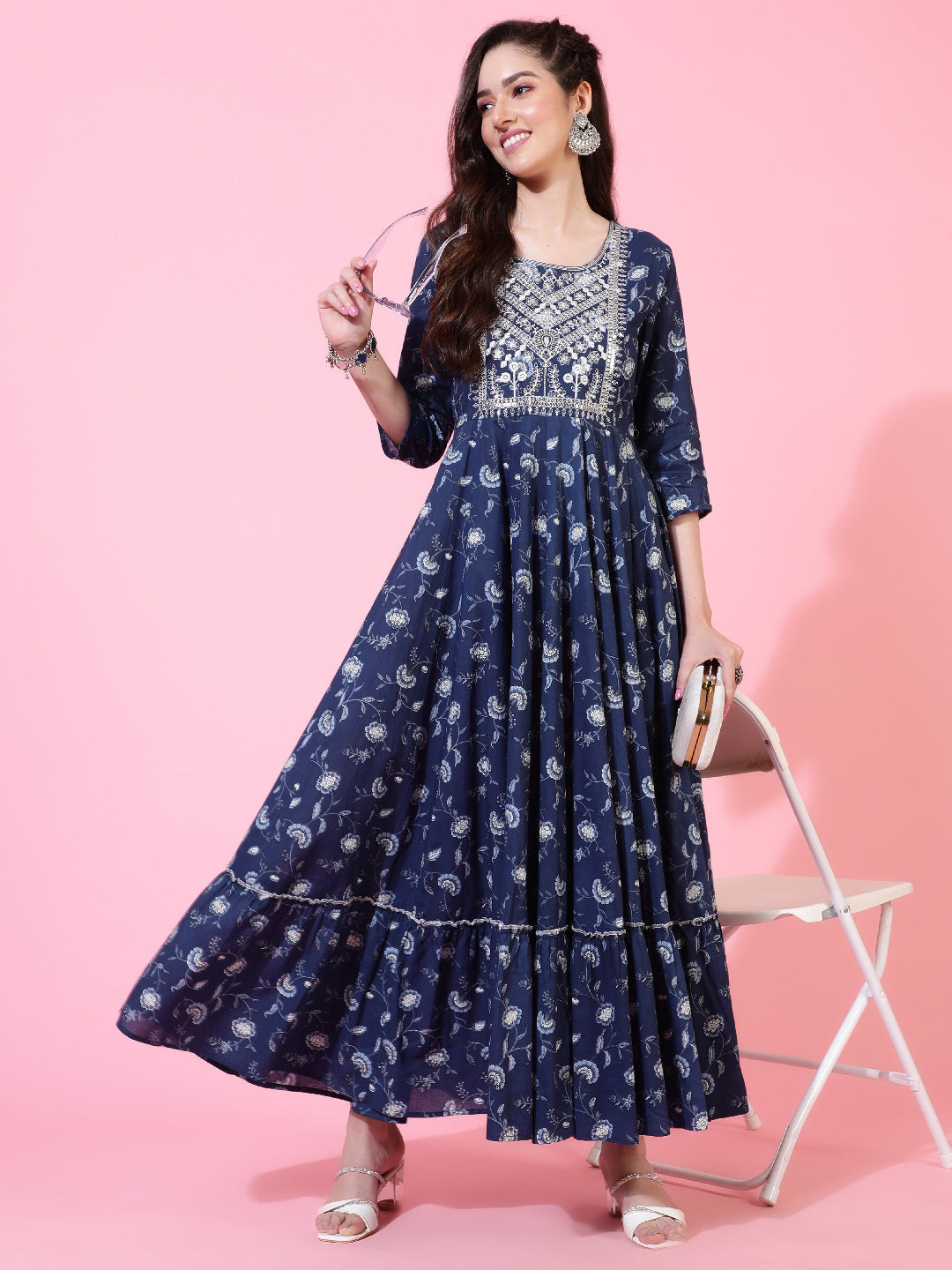 Cotton  Ankle Length Printed Flared 3/4 Sleeves Round Neck Kurta Set