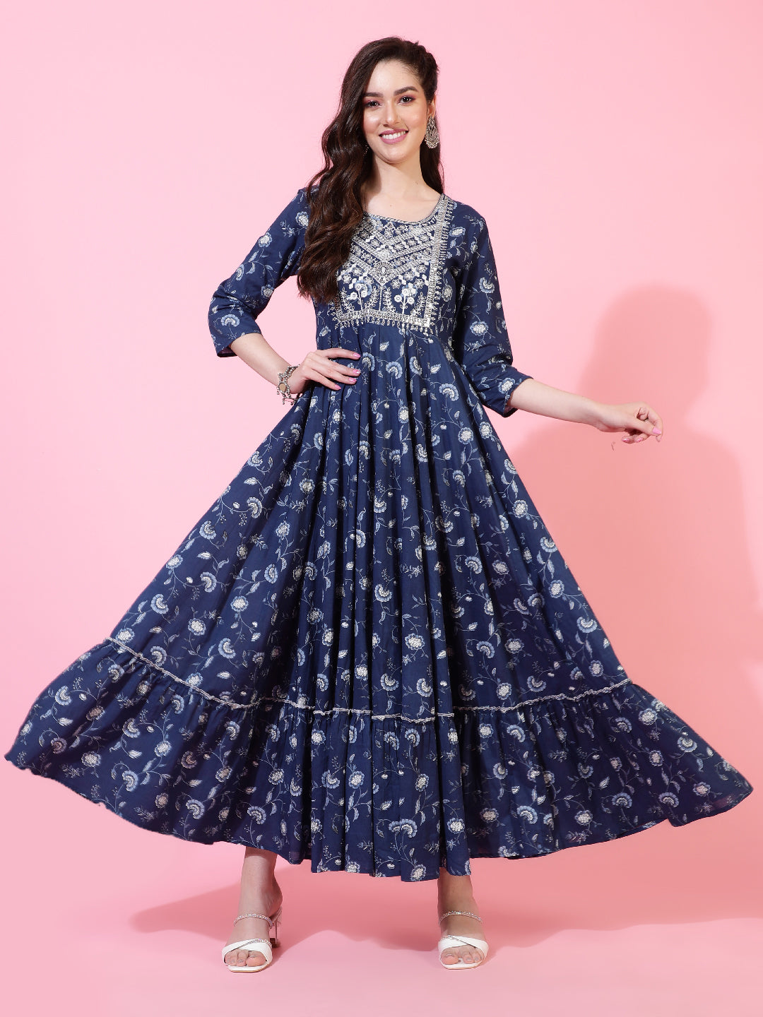 Cotton  Ankle Length Printed Flared 3/4 Sleeves Round Neck Kurta Set