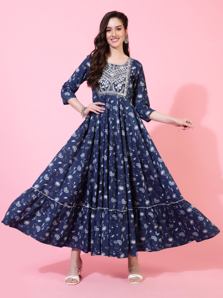Cotton  Ankle Length Printed Flared 3/4 Sleeves Round Neck Kurta Set