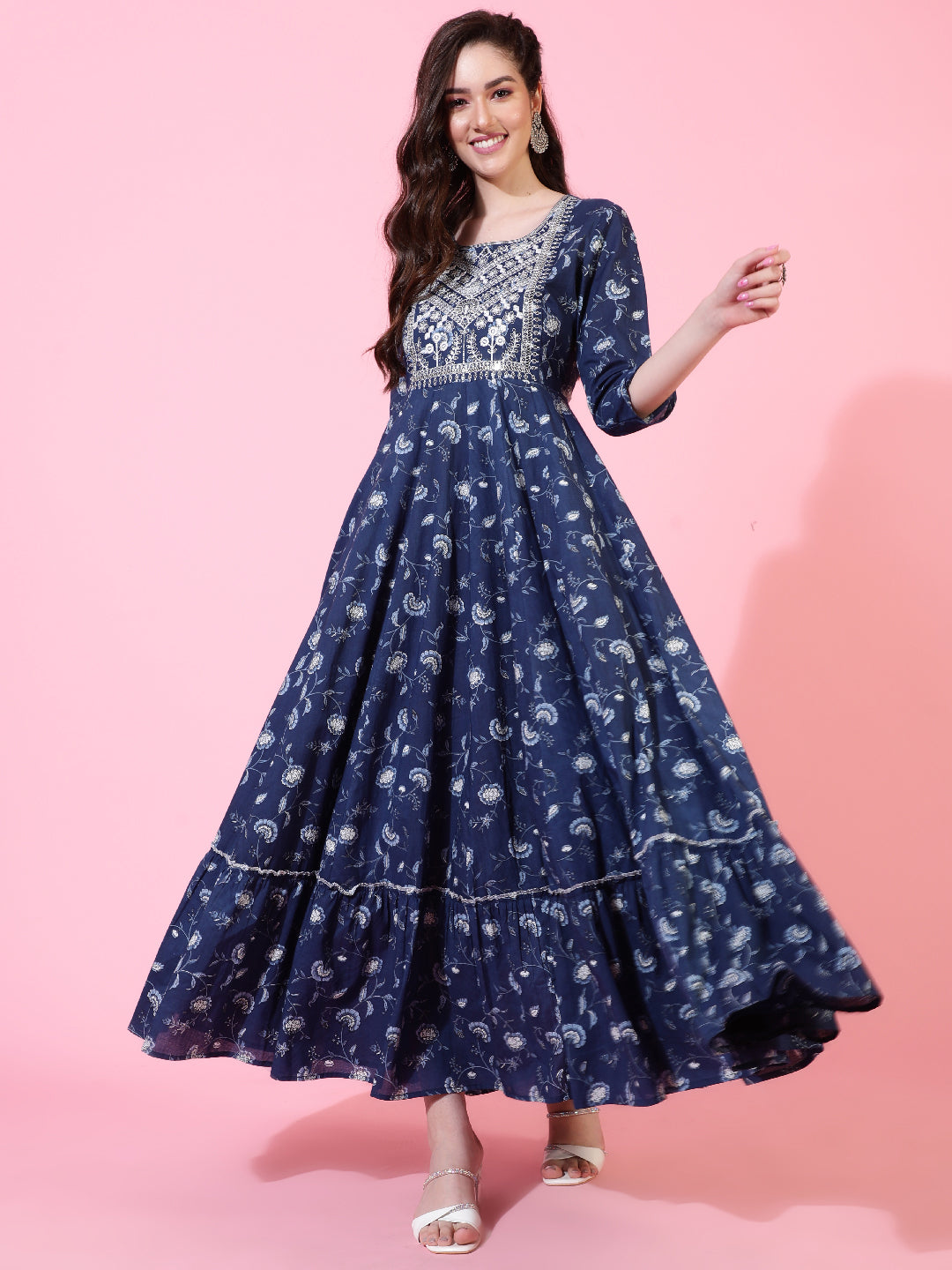 Cotton  Ankle Length Printed Flared 3/4 Sleeves Round Neck Kurta Set