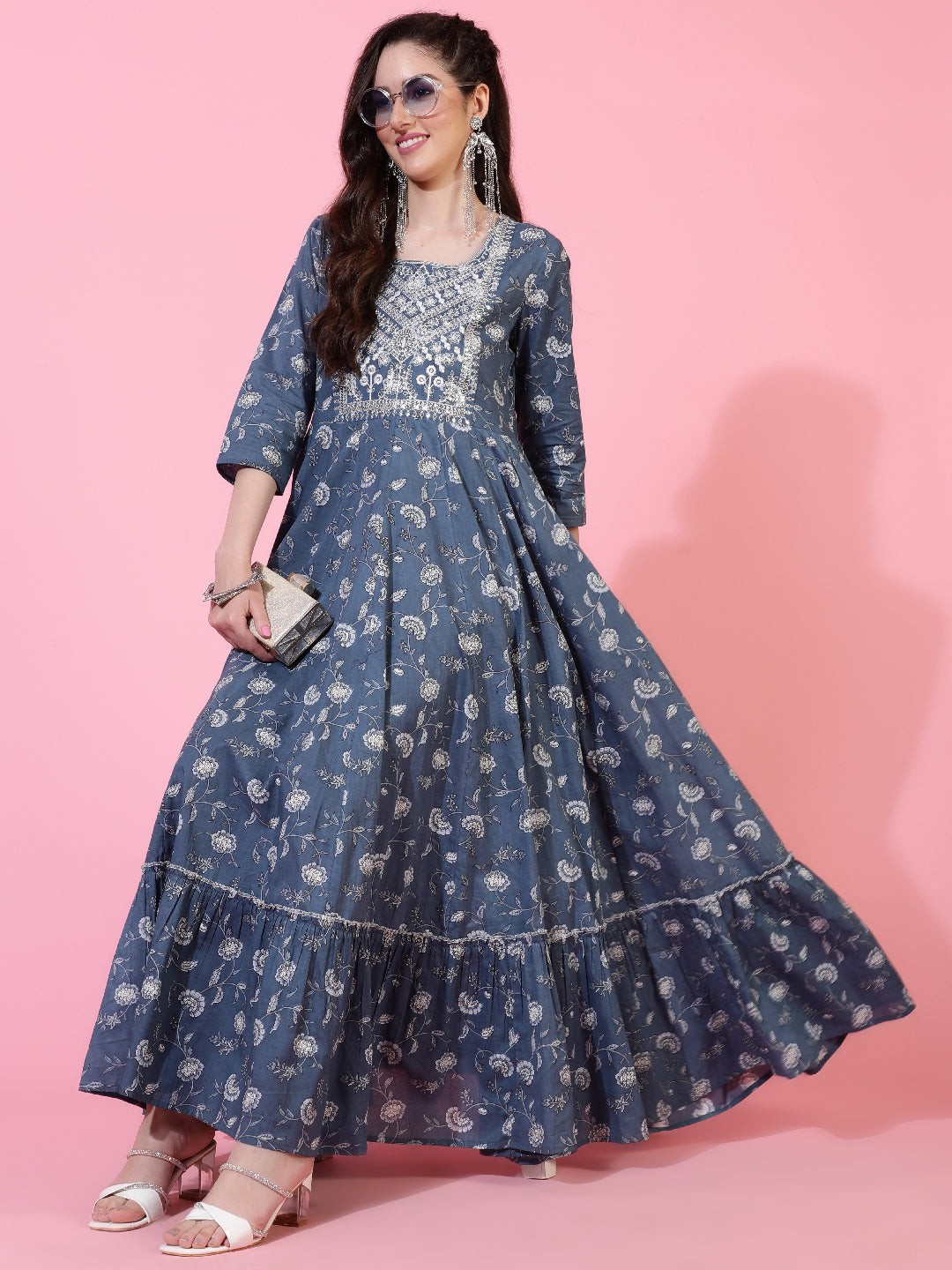 Cotton  Ankle Length Printed Flared 3/4 Sleeves Round Neck Kurta Set