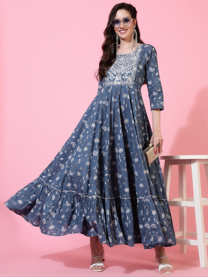 Cotton  Ankle Length Printed Flared 3/4 Sleeves Round Neck Kurta Set