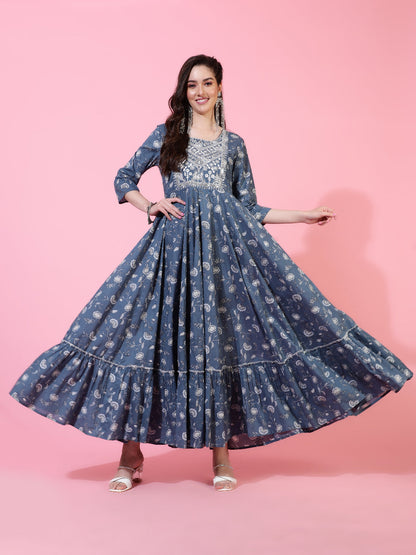 Cotton  Ankle Length Printed Flared 3/4 Sleeves Round Neck Kurta Set