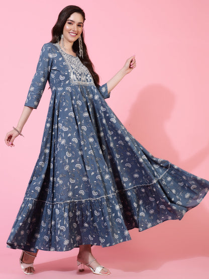 Cotton  Ankle Length Printed Flared 3/4 Sleeves Round Neck Kurta Set