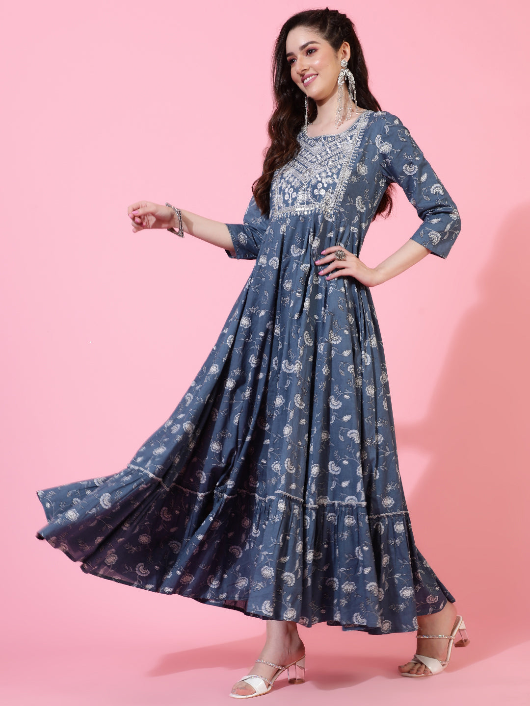 Cotton  Ankle Length Printed Flared 3/4 Sleeves Round Neck Kurta Set
