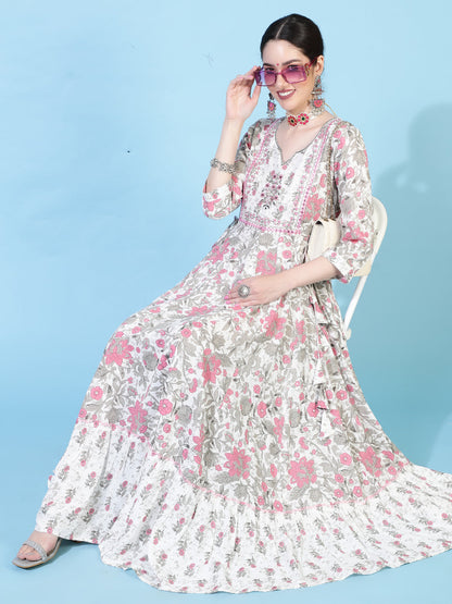 Rayon  Ankle Length Printed Flared 3/4 Sleeves Round Neck Kurta Set