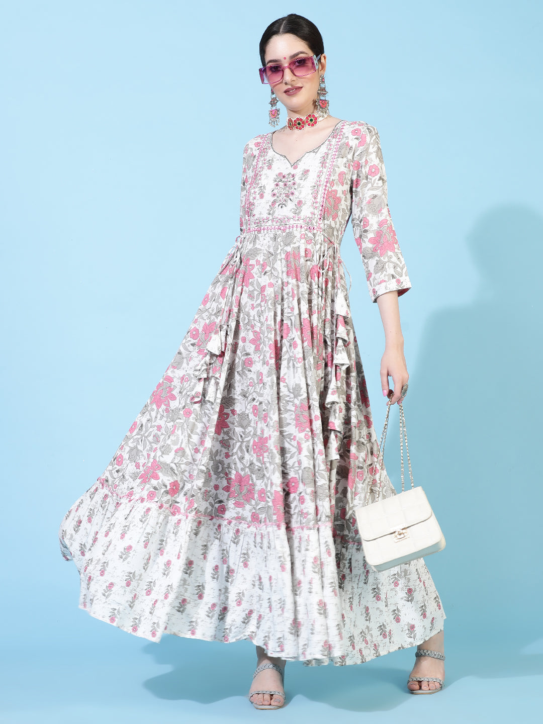 Rayon  Ankle Length Printed Flared 3/4 Sleeves Round Neck Kurta Set