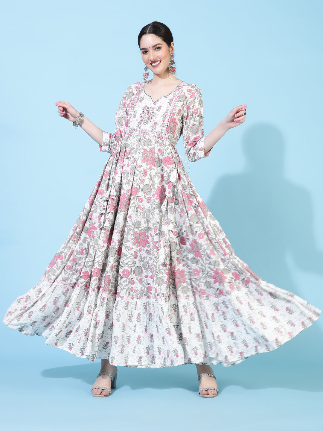 Rayon  Ankle Length Printed Flared 3/4 Sleeves Round Neck Kurta Set
