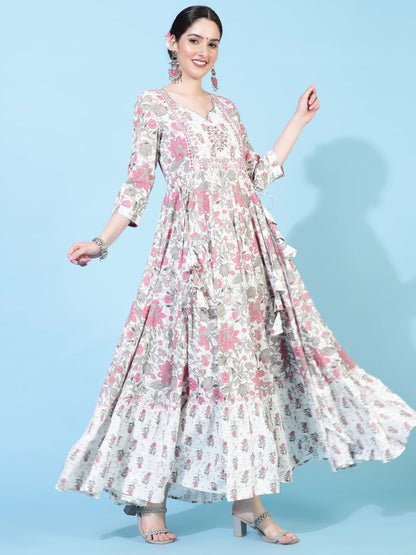 Rayon  Ankle Length Printed Flared 3/4 Sleeves Round Neck Kurta Set