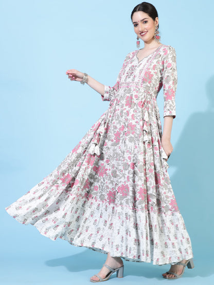 Rayon  Ankle Length Printed Flared 3/4 Sleeves Round Neck Kurta Set