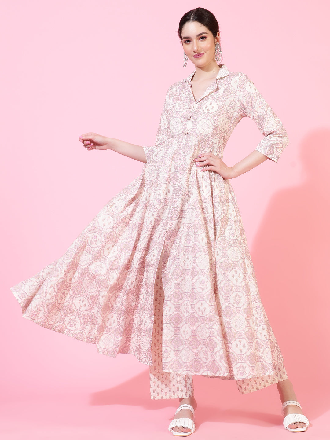 Cotton  Calf Length Printed Flared 3/4 Sleeves Coller Neck Kurta Bottom Set
