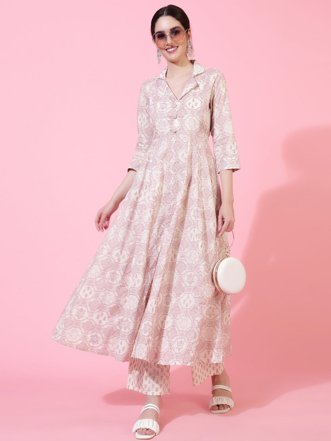 Cotton  Calf Length Printed Flared 3/4 Sleeves Coller Neck Kurta Bottom Set