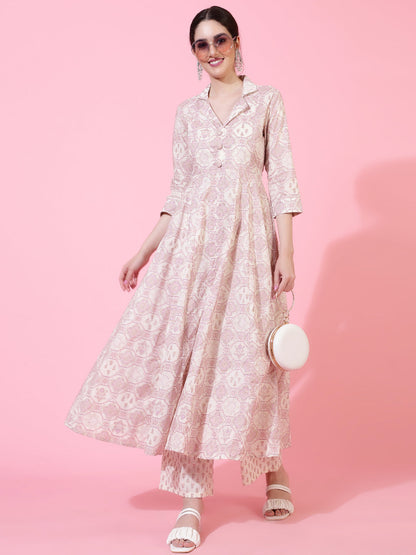 Cotton  Calf Length Printed Flared 3/4 Sleeves Coller Neck Kurta Bottom Set