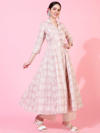 Cotton  Calf Length Printed Flared 3/4 Sleeves Coller Neck Kurta Bottom Set