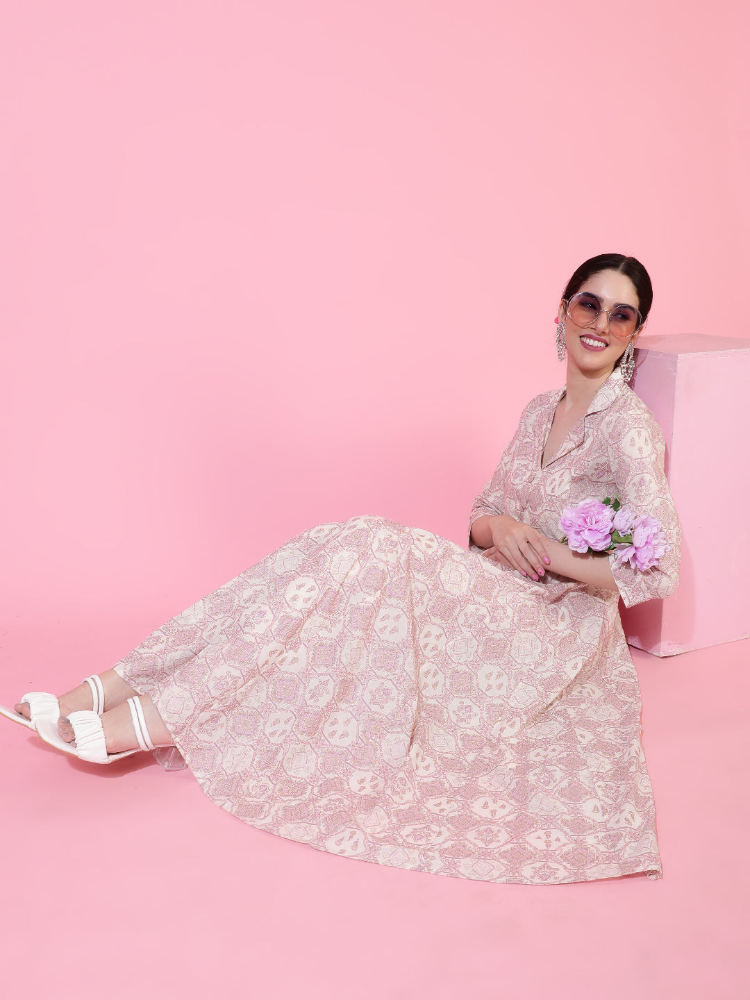 Cotton  Calf Length Printed Flared 3/4 Sleeves Coller Neck Kurta Bottom Set