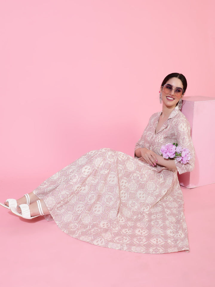 Cotton  Calf Length Printed Flared 3/4 Sleeves Coller Neck Kurta Bottom Set