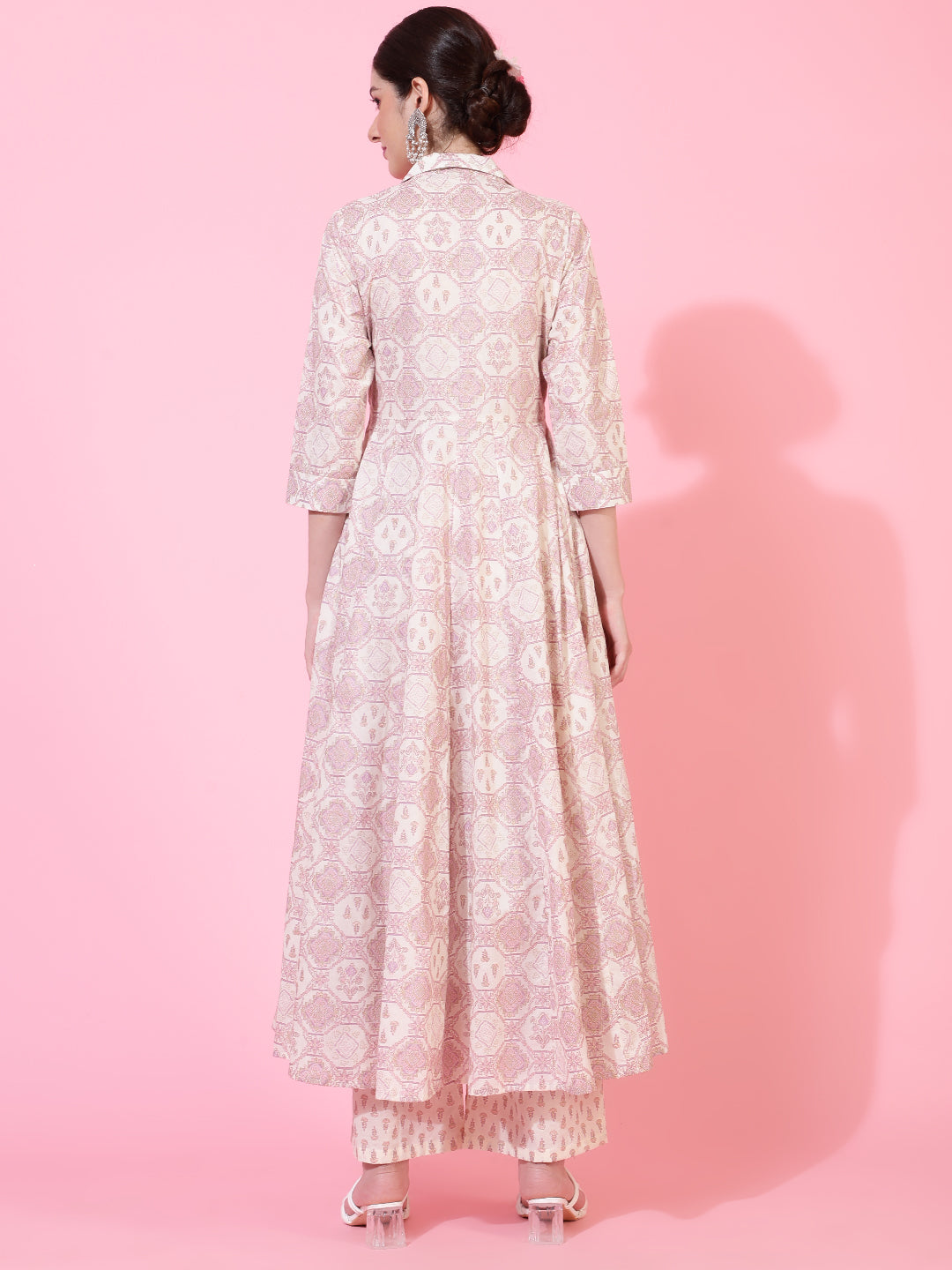 Cotton  Calf Length Printed Flared 3/4 Sleeves Coller Neck Kurta Bottom Set