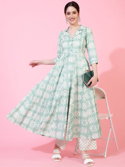 Cotton  Calf Length Printed Flared 3/4 Sleeves Coller Neck Kurta Bottom Set
