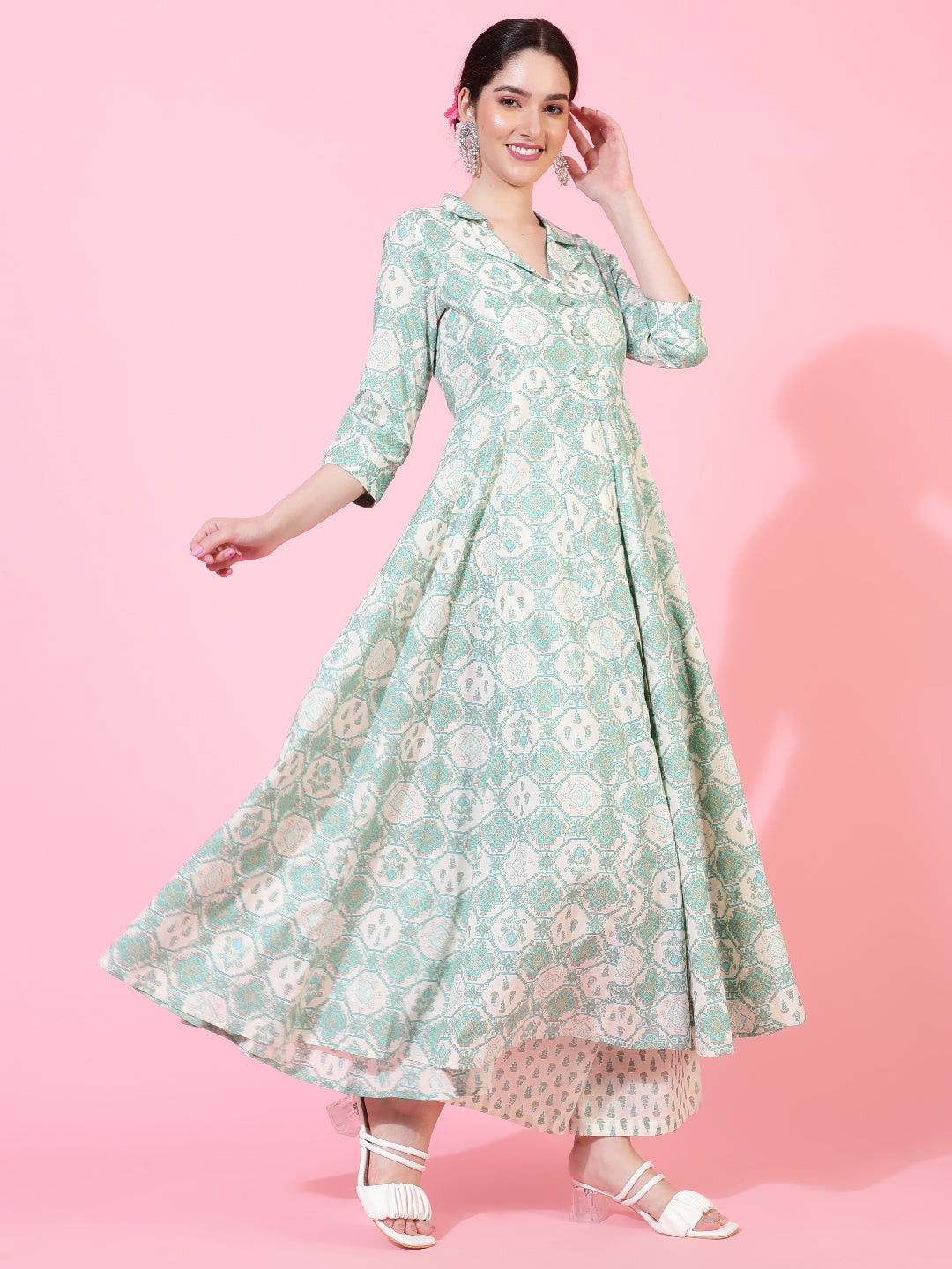 Cotton  Calf Length Printed Flared 3/4 Sleeves Coller Neck Kurta Bottom Set